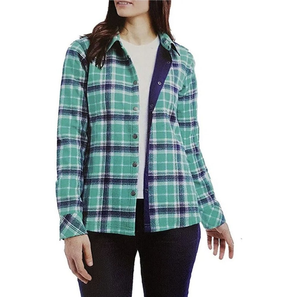 Orvis Fleece Lined Flannel Green Plaid Snap Buttons Shacket Women’s Size L